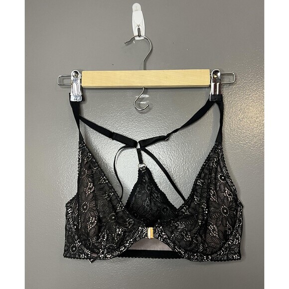 Victoria's Secret Bra Womens 34D Black Very Sexy Unlined Plunge Lace Strappy - Picture 1 of 6